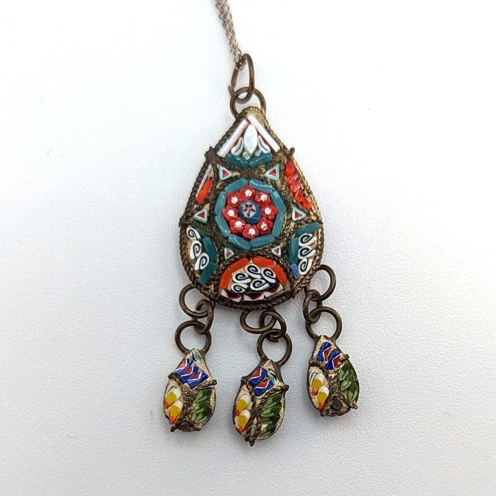 Antique Italian Micro-Mosaic Silver Pendant Lavalier Necklace w Sterling Chain - Picture 3 of 9